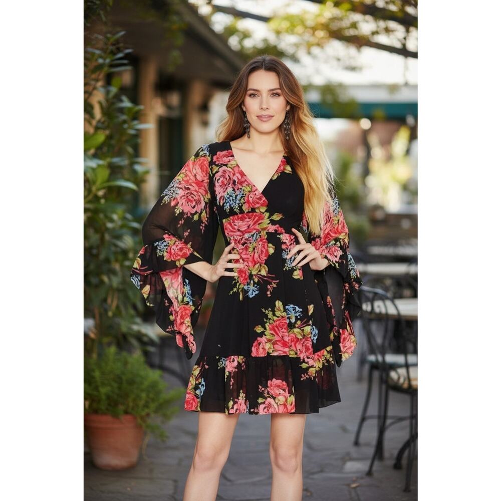 Betsy Johnson Floral Mini Dress Sz 4 Black Pink Babydoll Bell Sleeves Whimsigoth - Picture 2 of 16